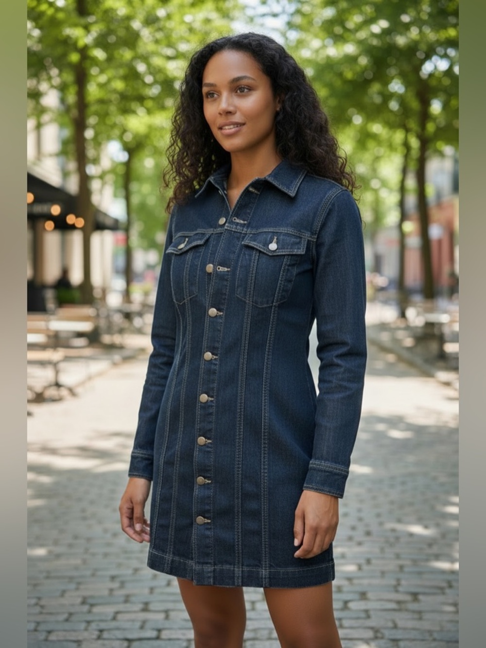 LOFT Dark Blue Denim Button-Front Mini Dress